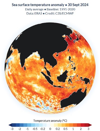 Map of Asia-Pacific showing the sea temperature on 30 Sept
    2024 v 1991-2020 baseline: mostly 1-2degC warmer, around Japan & Korea 3degC